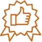 Brown badge icon featuring a thumbs-up symbol inside.