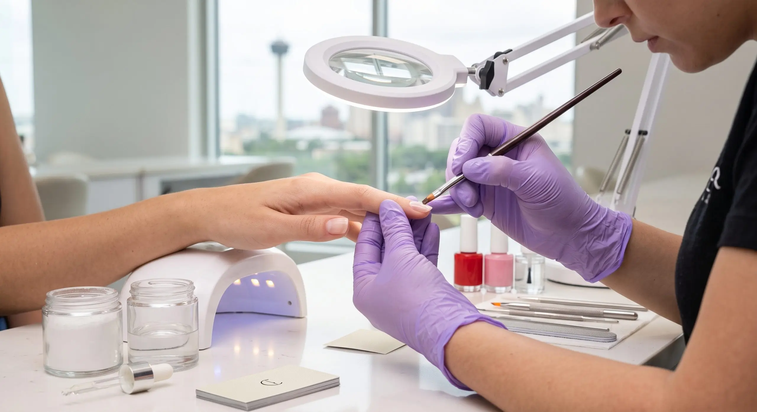 Professional gel nail manicure being applied at a San Antonio nail bar by a licensed technician