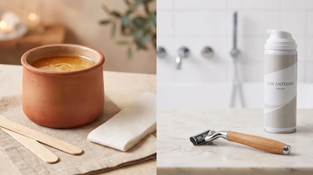 A side-by-side comparison of a waxing kit with warm wax and spatulas on a spa table, next to a razor and can of shaving gel on a bathroom vanity.