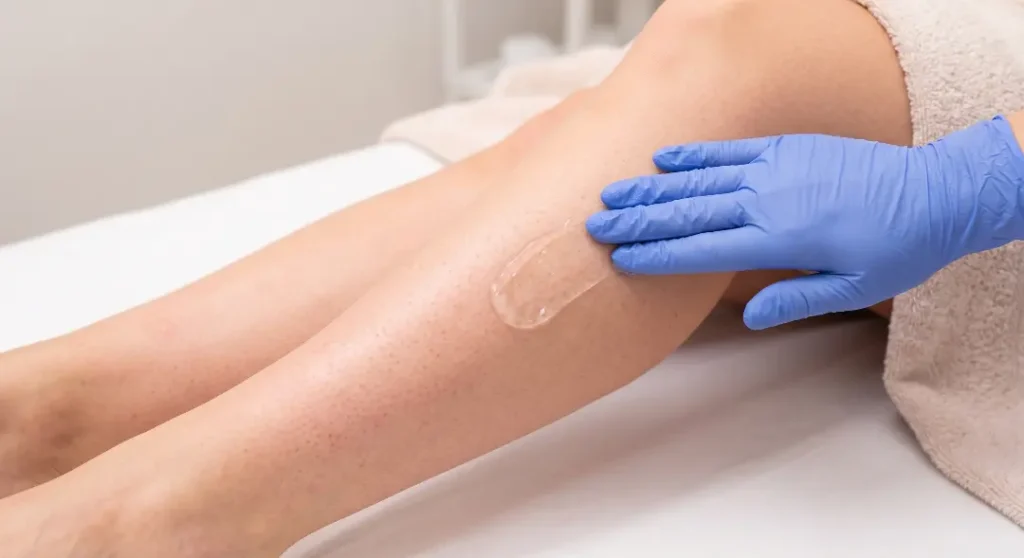 A professional wearing blue gloves spraying a product onto a client's leg during a skin treatment.